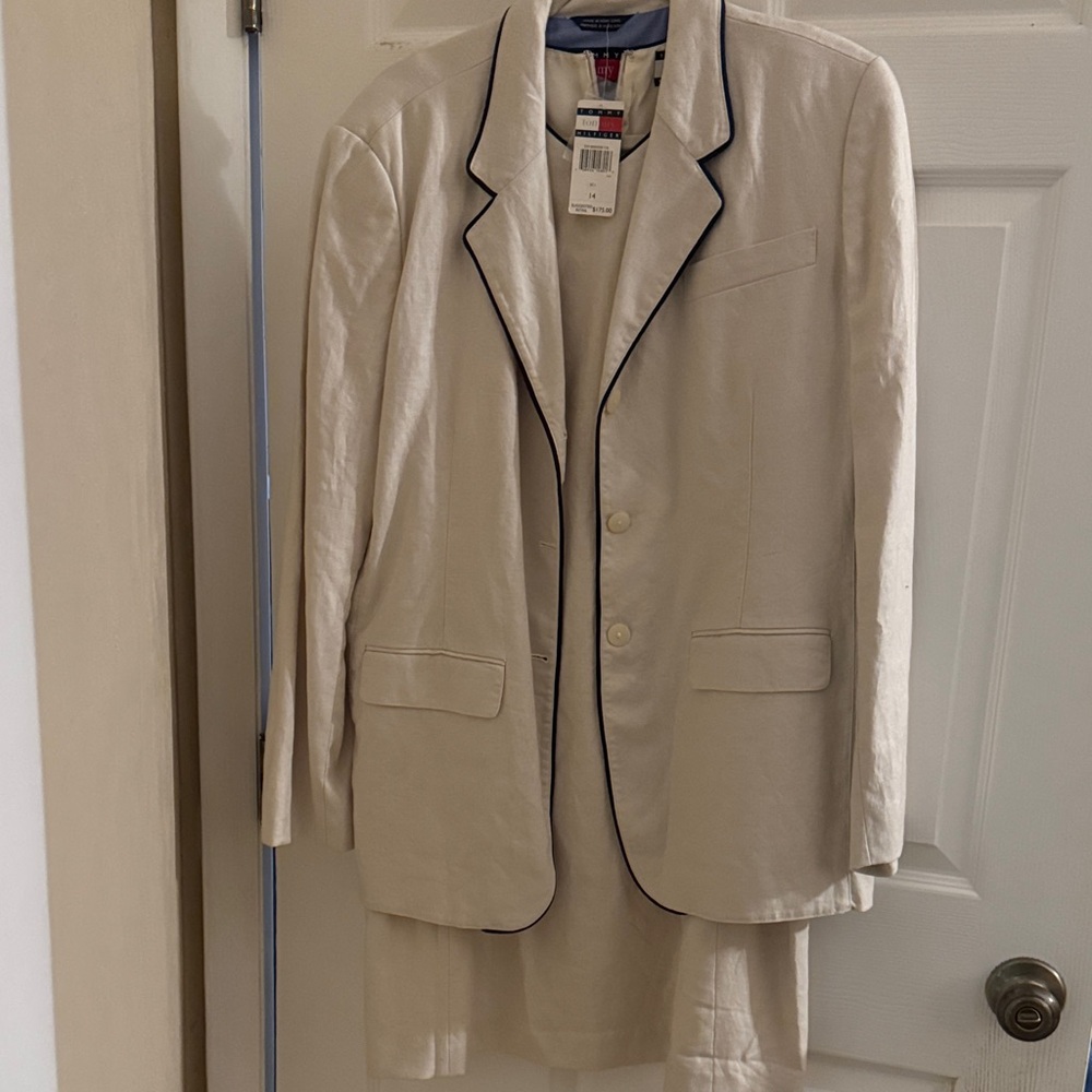 Tommy Hilfiger Cream Blazer with navy Piping and matching sleeveless dress